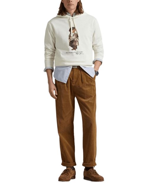 Felpa da uomo con cappuccio in puro cotone con stampa BEAR, colore deckwash white POLO RALPH LAUREN | 710980306001